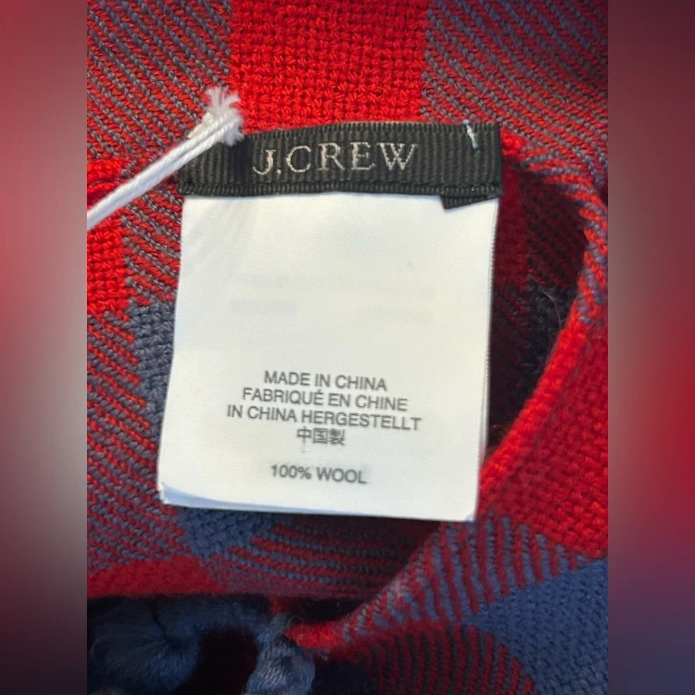 NWT J.Crew Lightweight Wool Blue Red Plaid Scarf Poms 74x27”